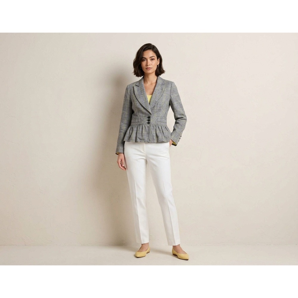 Candie's Plaid Peplum Blazer Women L Grey Yellow Linen Blend 3/4 Sleeve Office
